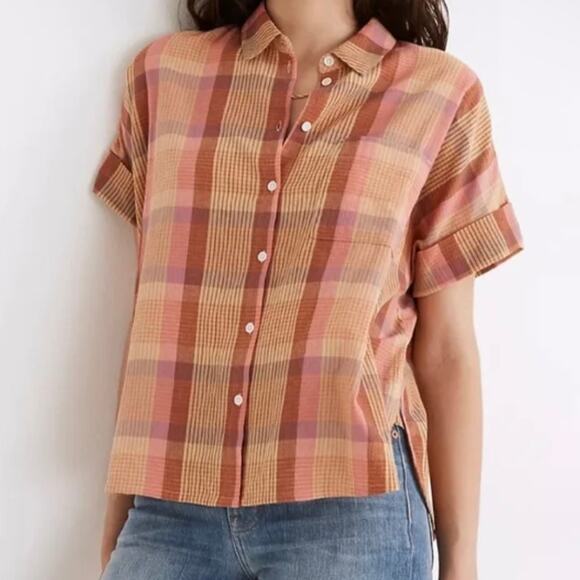 Madewell Daily Brown Striped Button Down Oversized Short Sleeve Shirt Small - Picture 3 of 8